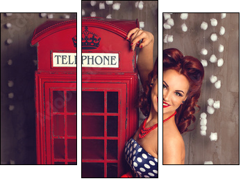 Red hair pin-up woman portrait near telephone booth - Three-piece canvas, Triptych