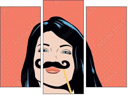 Pop art illustration with girl holding mustache mask. - Three-piece canvas, Triptych