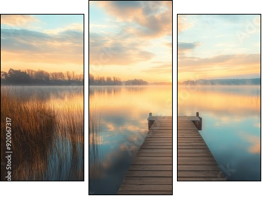 Serene lakeside landscape with a wooden dock, calm waters, and a pastel-colored sky, ideal for peaceful retreat themes - Three-piece canvas, Triptych