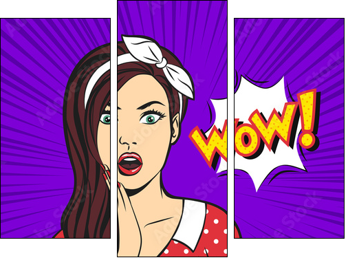 Vector pop art surprised woman face with open mouth and a WOW bubble - Three-piece canvas, Triptych