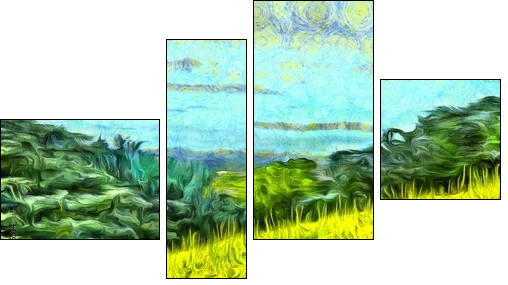 grass filled hillside against a background of trees and a blue sky - Four-piece canvas, Fortyk