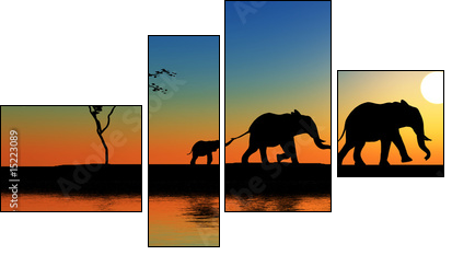 Family of elephants. - Four-piece canvas, Fortyk