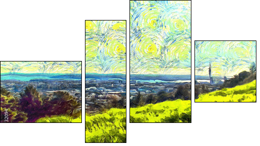 grass filled hillside against a background of trees and a blue sky with clouds - Four-piece canvas, Fortyk
