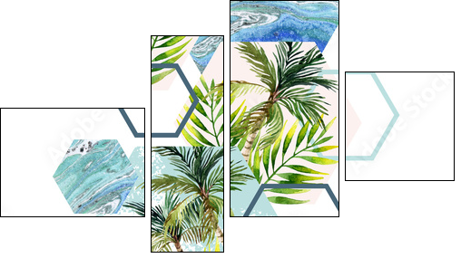 Watercolor tropical leaves and palm trees in geometric shapes seamless pattern - Four-piece canvas, Fortyk