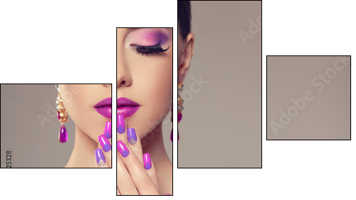 Beautiful girl model with fashion violet make-up and purple design manicure on nails . Jewelry and cosmetics , large violet earrings - Four-piece canvas, Fortyk