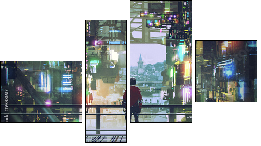 man standing on balcony looking at futuristic city with colorful light, digital art style, illustration painting - Four-piece canvas, Fortyk