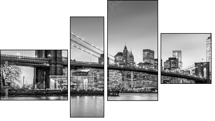 Brooklyn bridge and New York City Manhattan downtown skyline at dusk with skyscrapers illuminated over East River panorama. Panoramic composition. - Four-piece canvas, Fortyk