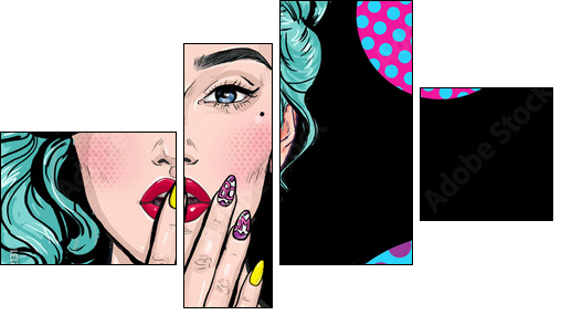 Pop Art illustration of girl with hand.Pop Art girl. Comic woman with speech bubble.Sexy girl. Nails. Lipstick and nail-varnish advertisement. model, 1990s, pop, naive, head, party, face, omg, art,wow - Four-piece canvas, Fortyk