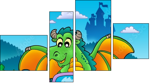 Green dragon driving car - Four-piece canvas, Fortyk