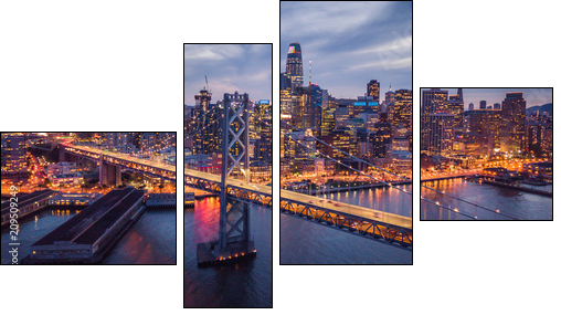 Aerial cityscape view of San Francisco and the Bay Bridge at Night - Four-piece canvas, Fortyk