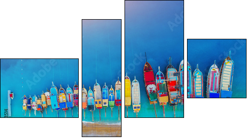 Aerial view of colorful boats in mediterranean sea in Oludeniz, Turkey. Beautiful summer landscape with ships, clear blue water and sandy beach at sunset. Top view of yachts from drone in Europe - Four-piece canvas, Fortyk