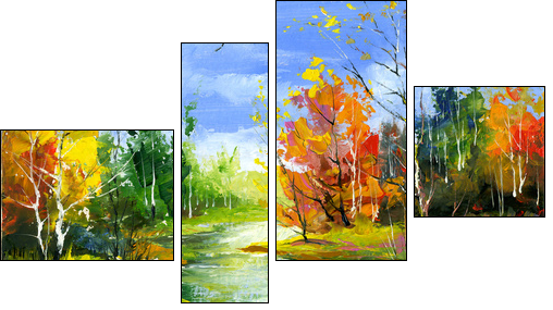 Autumn landscape with the wood river - Four-piece canvas, Fortyk