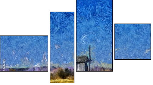 Nature landscape and old historical mill in village. Impressionism oil painting in Vincent Van Gogh modern style. Creative artistic print for canvas or textile. Wallpaper, poster or postcard design. - Four-piece canvas, Fortyk