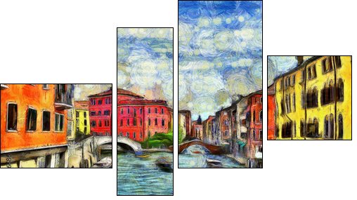 Venetian canal with moving boats, digital imitation of Van Gogh painting style - Four-piece canvas, Fortyk