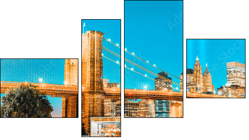 New York night view of the Lower Manhattan and the Brooklyn Bridge across the East River. - Four-piece canvas, Fortyk