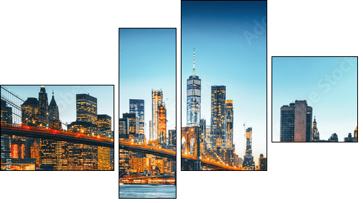 New York night view of the Lower Manhattan and the Brooklyn Bridge across the East River. - Four-piece canvas, Fortyk