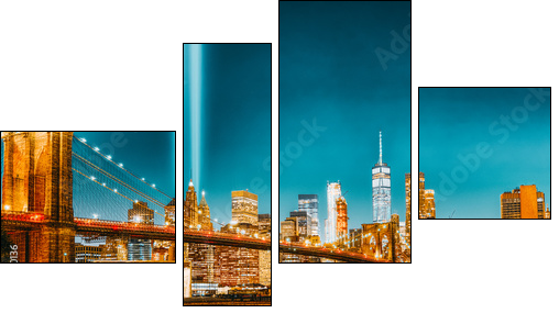 New York night view of the Lower Manhattan and the Brooklyn Bridge across the East River. - Four-piece canvas, Fortyk