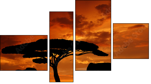 Silhouette two elephants in the sunset - Four-piece canvas, Fortyk