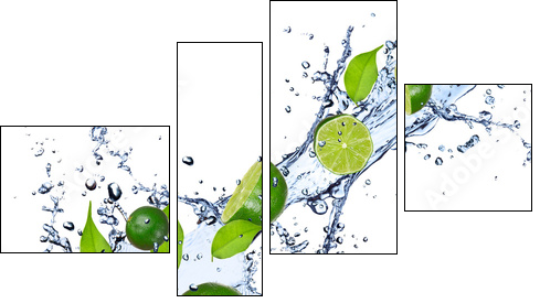Limes falling in water splash, isolated on white background - Four-piece canvas, Fortyk