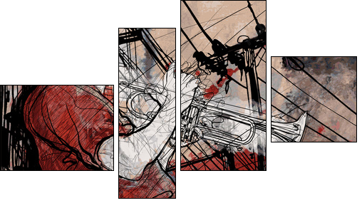 trumpeter on a grunge cityscape background - Four-piece canvas, Fortyk