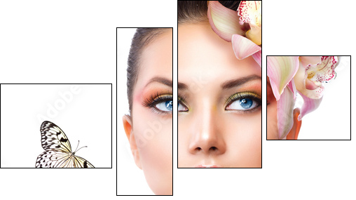 Beautiful Girl With Orchid Flowers and Butterfly - Four-piece canvas, Fortyk