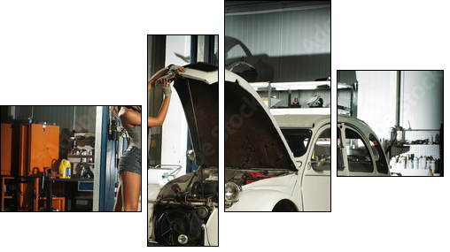 A beautiful brunette woman in a garage fixing an old car - Four-piece canvas, Fortyk