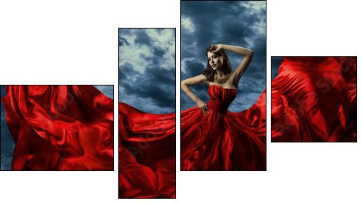 Woman in red evening dress, waving gown with flying long fabric - Four-piece canvas, Fortyk