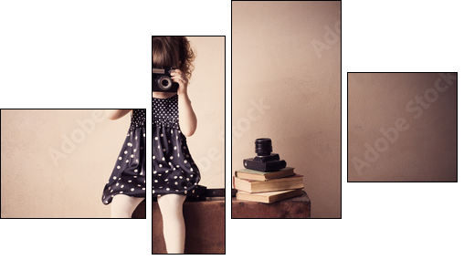 little girl with retro camera on  suitcase indoor - Four-piece canvas, Fortyk