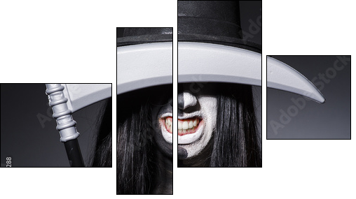 Woman in halloween concept with scythe - Four-piece canvas, Fortyk