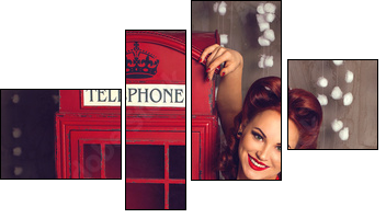 Red hair pin-up woman portrait near telephone booth - Four-piece canvas, Fortyk