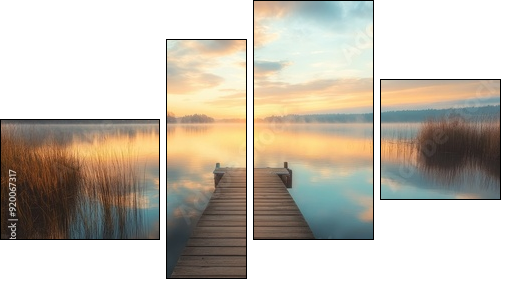 Serene lakeside landscape with a wooden dock, calm waters, and a pastel-colored sky, ideal for peaceful retreat themes - Four-piece canvas, Fortyk