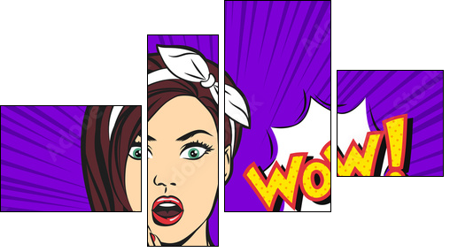 Vector pop art surprised woman face with open mouth and a WOW bubble - Four-piece canvas, Fortyk