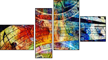 Ancient Mayan Calendar and  Music note, Cosmic space with stars, abstract color Background, computer collage. circular view on space. - Four-piece canvas, Fortyk