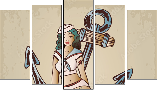 Vintage pinup sailor girl sitting on an anchor - Five-piece canvas, Pentaptych