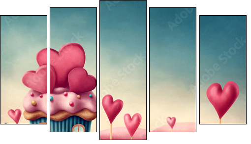Fantasy cup cake house - Five-piece canvas, Pentaptych