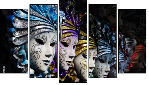 Row of venetian masks in gold and blue - Five-piece canvas, Pentaptych