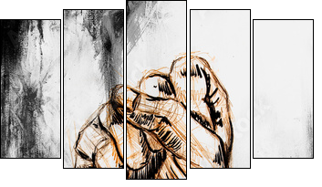 fist drawing, pencil sketch on paper, Color effect. - Five-piece canvas, Pentaptych