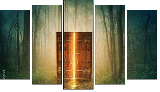 Glowing door in forest - Five-piece canvas, Pentaptych