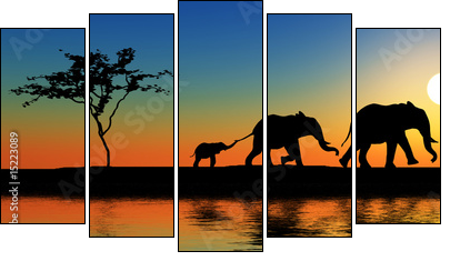 Family of elephants. - Five-piece canvas, Pentaptych