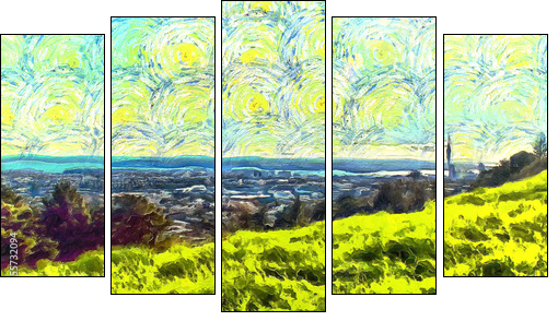 grass filled hillside against a background of trees and a blue sky with clouds - Five-piece canvas, Pentaptych