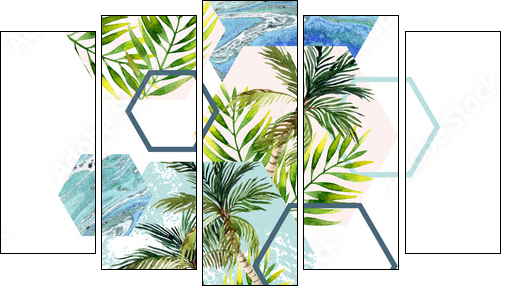 Watercolor tropical leaves and palm trees in geometric shapes seamless pattern - Five-piece canvas, Pentaptych