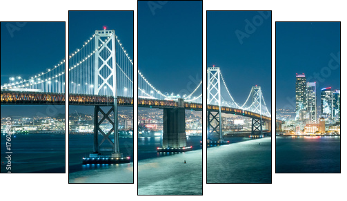 Oakland Bay Bridge and the city light at night. - Five-piece canvas, Pentaptych