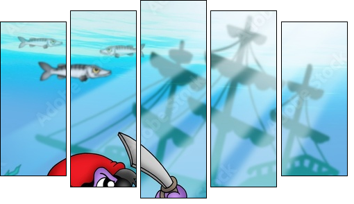 Pirate octopus near ship underwater - Five-piece canvas, Pentaptych