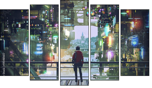 man standing on balcony looking at futuristic city with colorful light, digital art style, illustration painting - Five-piece canvas, Pentaptych