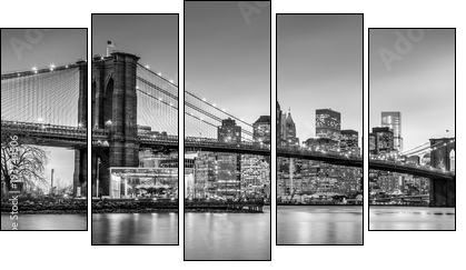 Brooklyn bridge and New York City Manhattan downtown skyline at dusk with skyscrapers illuminated over East River panorama. Panoramic composition. - Five-piece canvas, Pentaptych