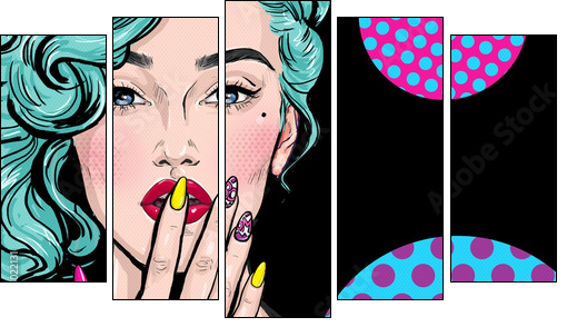 Pop Art illustration of girl with hand.Pop Art girl. Comic woman with speech bubble.Sexy girl. Nails. Lipstick and nail-varnish advertisement. model, 1990s, pop, naive, head, party, face, omg, art,wow - Five-piece canvas, Pentaptych