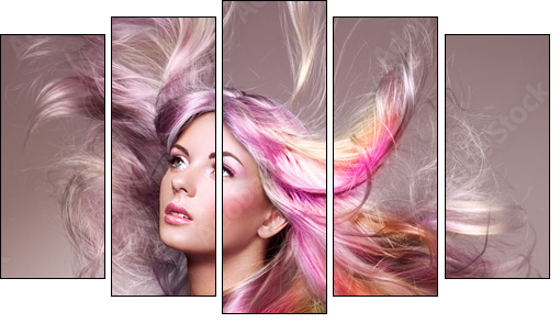 Beauty Fashion Model Girl with Colorful Dyed Hair. Girl with perfect Makeup and Hairstyle. Model with perfect Healthy Dyed Hair. Rainbow Hairstyles - Five-piece canvas, Pentaptych