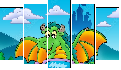 Green dragon driving car - Five-piece canvas, Pentaptych