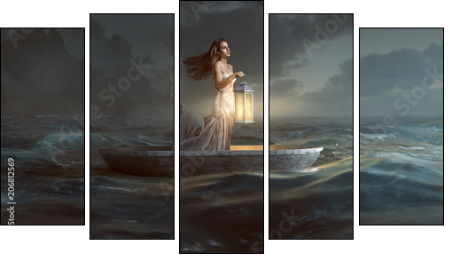 Frau mit Laterne in Ruderboot - Five-piece canvas, Pentaptych