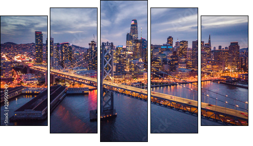 Aerial cityscape view of San Francisco and the Bay Bridge at Night - Five-piece canvas, Pentaptych